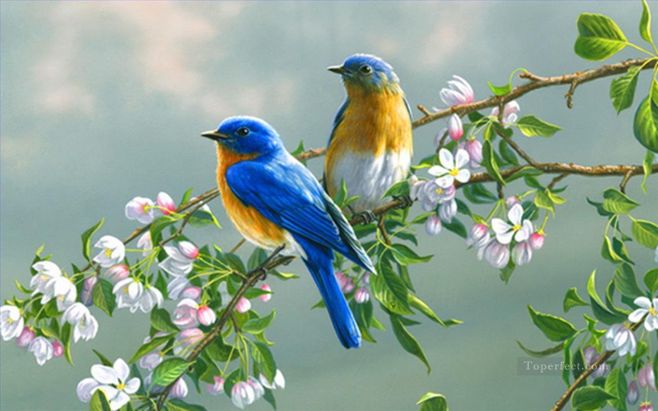 bluebirds with flowers birds Oil Paintings